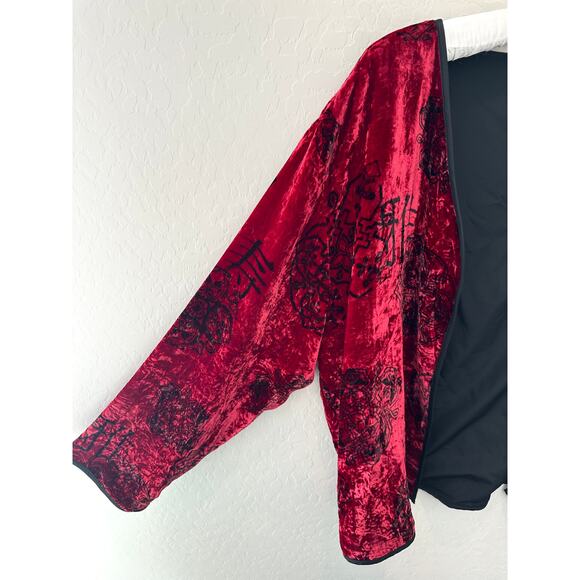 CHICO’S | Crushed Velvet Jacket Red Black Asian Print Open Front | Size 3 XL - Picture 3 of 5